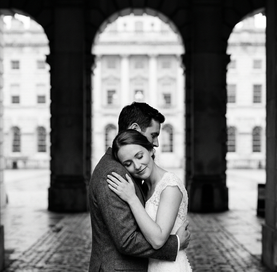 Black and white fine art wedding portrait of a couple at Somerset House, London